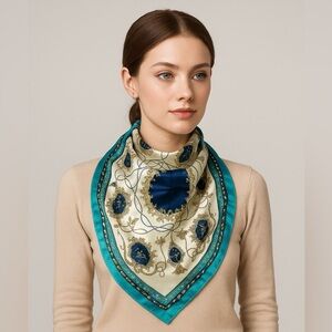 R-2151- Women's Scarf Blue And Cream Colors 100% Polyester NWT
